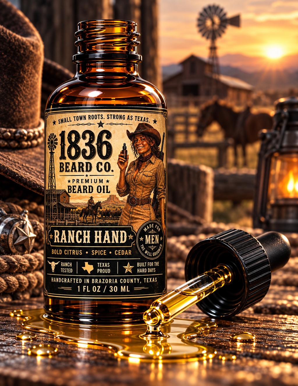 1836 Beard Co. Beard Oil – Ranch Hand, Coconut & Leather, 1 fl oz
